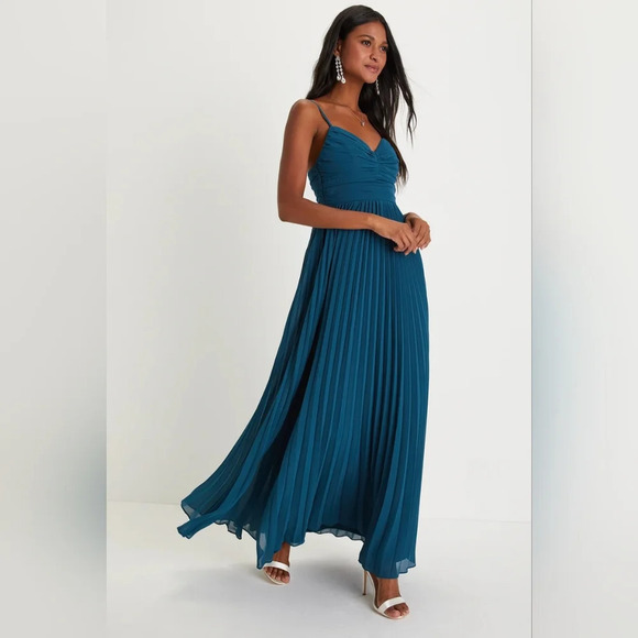 Lulus Sensational Charmer Teal Blue Pleated Sleeveless Maxi Dress M Wedding Prom - Picture 3 of 9